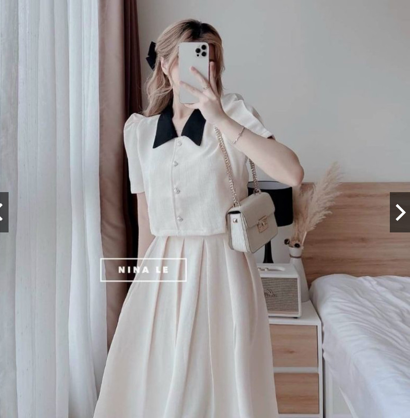 Sét váy tiểu thư, Sét đầm thiết kế dáng xòe phối cổ đen tôn dáng xinh thời trang ladies