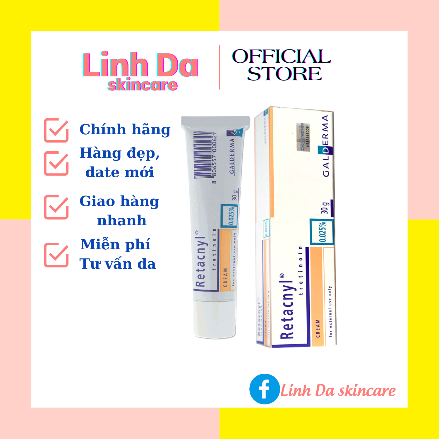 Tretinoin retacnyl 0.025% kem bôi giảm mụn, trẻ hóa da