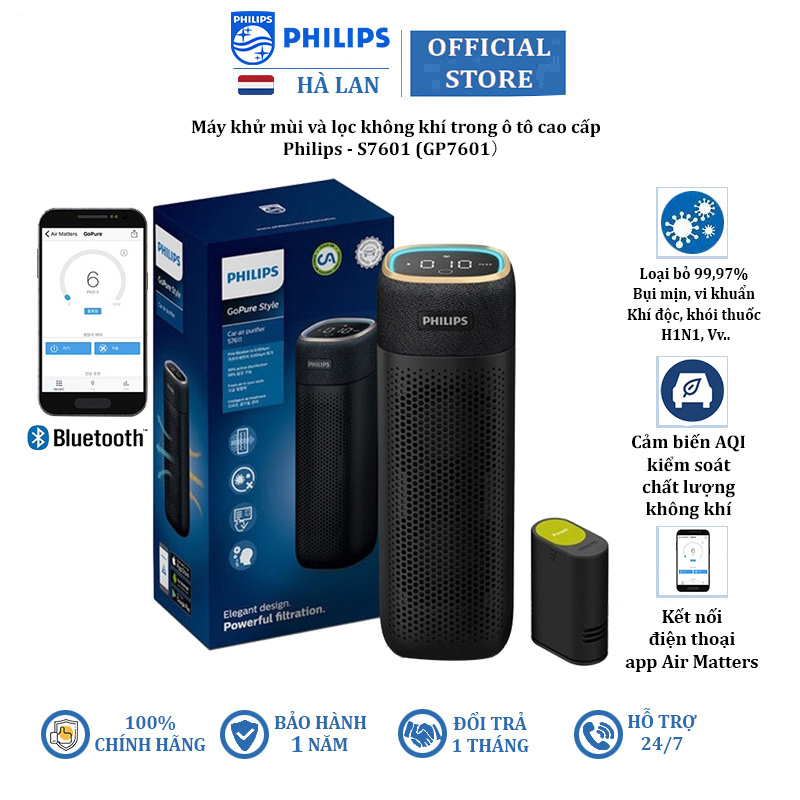 Máy khử mùi và lọc không khí trong ô tô Philips S7601 Cảm biến chất lượng không khí 3 màu - Hàng Nhập Khẩu