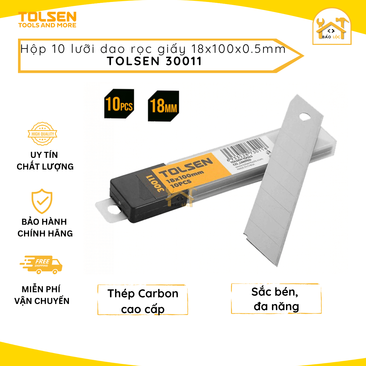 Hộp 10 lưỡi dao rọc giấy 18x100mm Tolsen 30011 - Hàng chính hãng