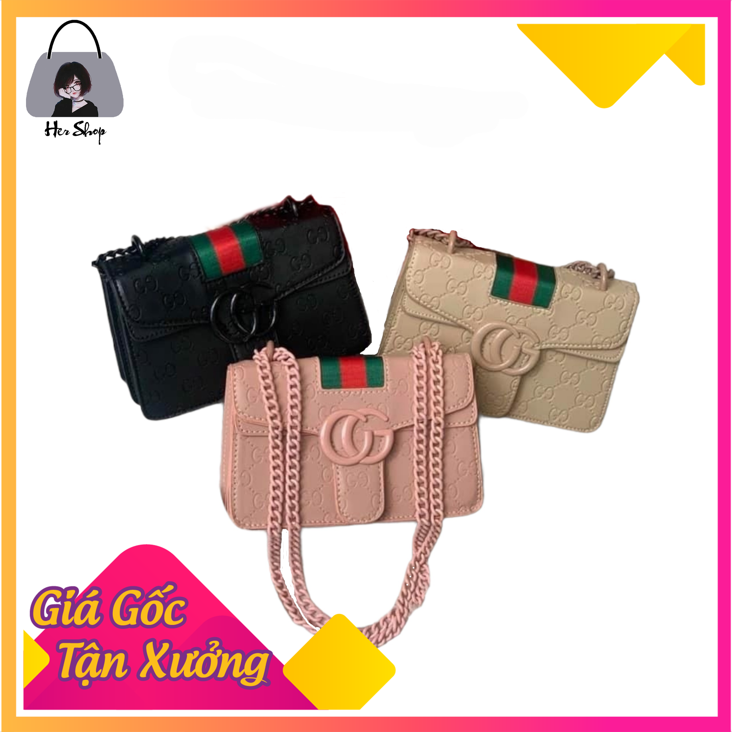 Túi xách nữ, túi xách đeo chéo nữ CG viền sọc, xích full màu
