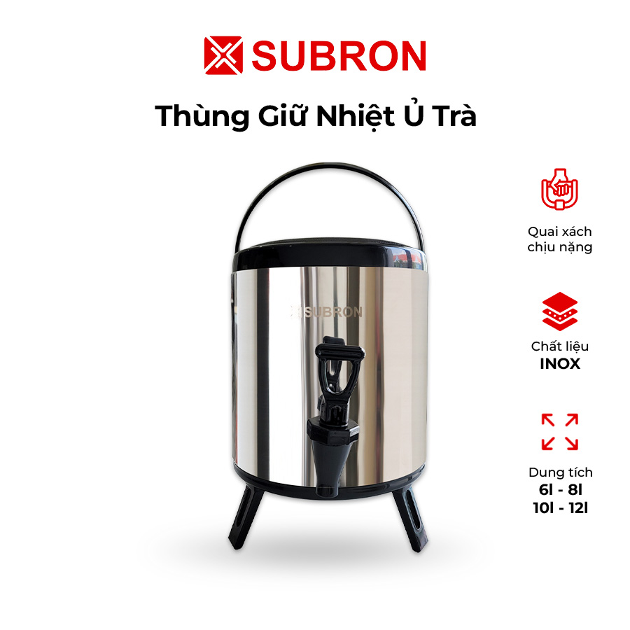 Thùng giữ nhiệt inox ủ trà sữa 3 lớp giữ nóng lạnh Subron 6L/ 8L/ 10L/ 12L, bình ủ trà giữ nhiệt