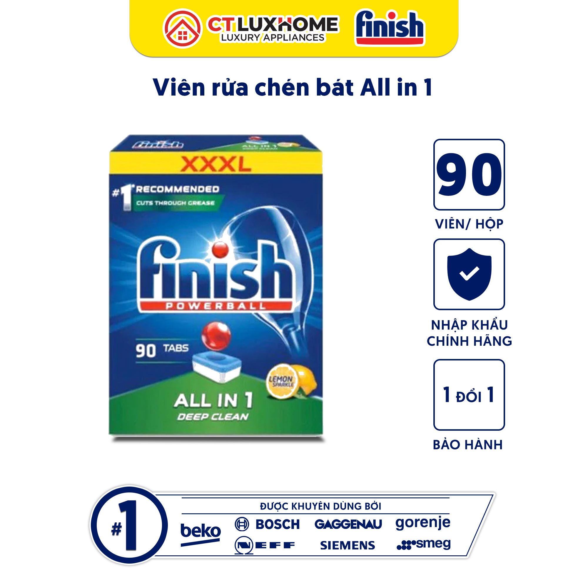 Viên rửa chén bát Finish All In One 90 viên hương chanh [6 chức năng]