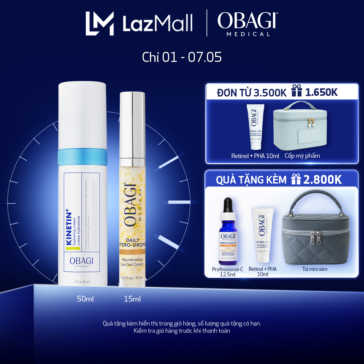 Bộ đôi Kem Dưỡng Phục Hồi Làm Dịu Da Obagi Clinical Kinetin+ Hydrating 50ml và Kem dưỡng mờ nếp nhăn vùng mắt Obagi Medical Daily Hydro-Drops Rejuvenating Eye Gel Cream 15ml
