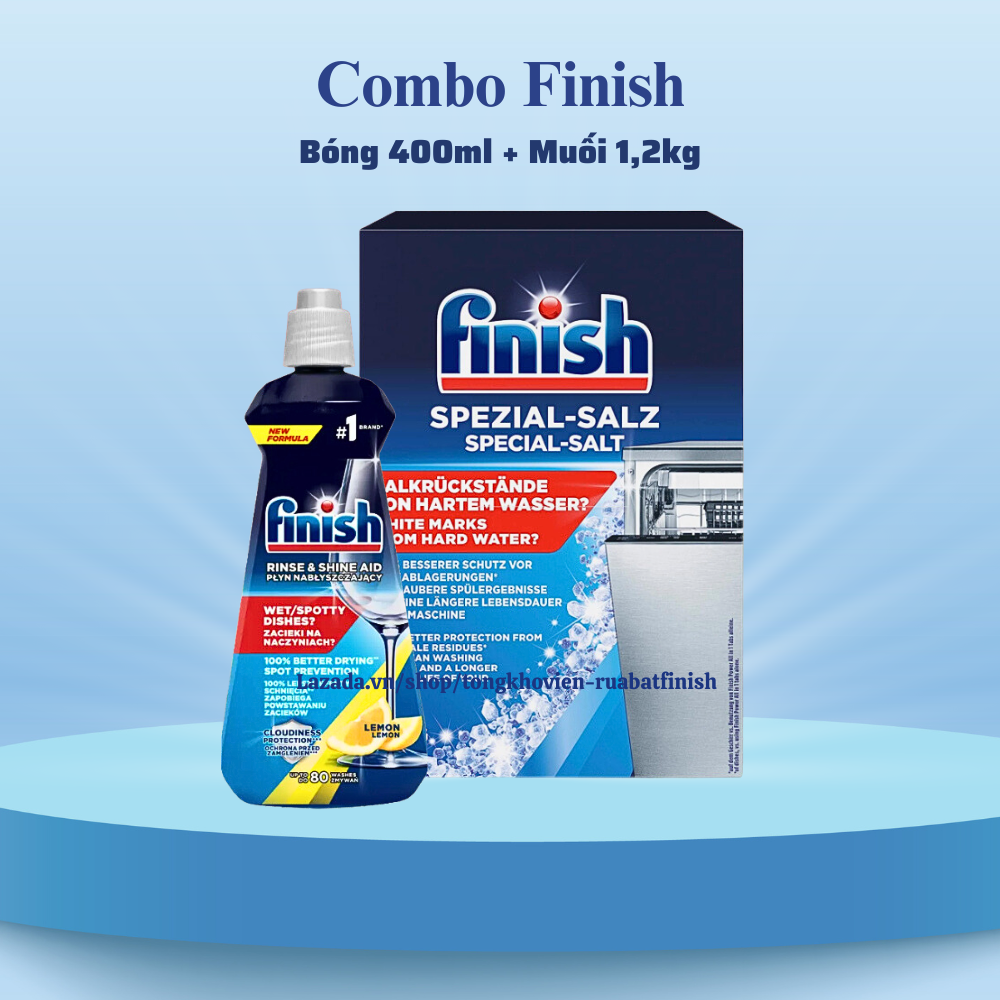 Combo Muối rửa bát finish hộp 1,2kg+Nước làm bóng Finish chai 400ml dùng cho máy rửa bát