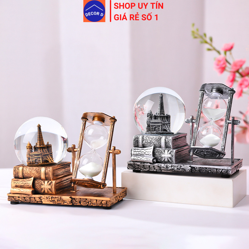 Đồng hồ cát, Quả cầu pha lê tuyết tháp cổ - Ánh sáng led, Nhạc cổ điển, Kim tuyến chuyển động – Decor, quà tặng