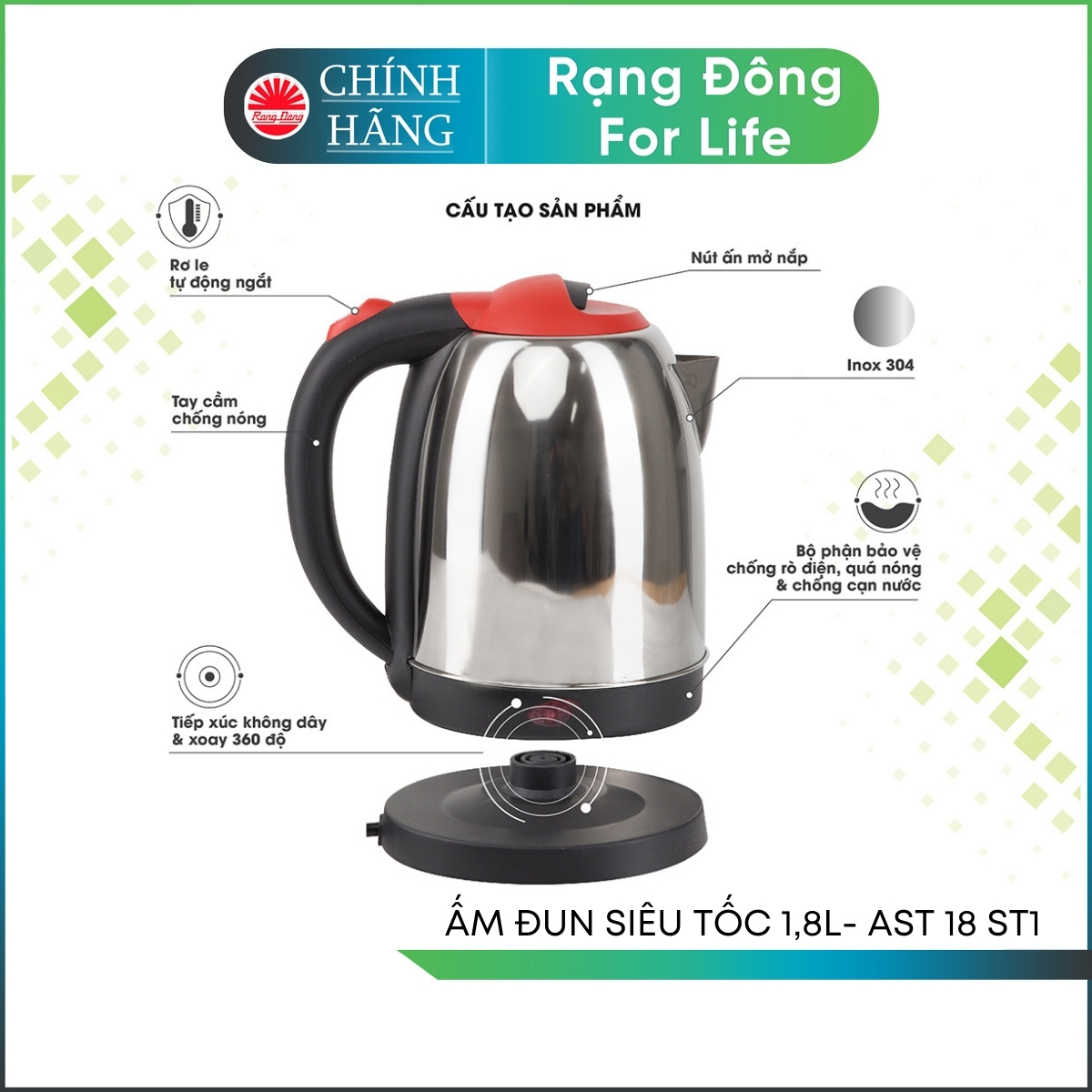 Ấm điện siêu tốc Rạng Đông dung tích 1,8 Lít chất liệu Inox 304 cao cấp đun nước siêu tốc Model RD AST18ST1