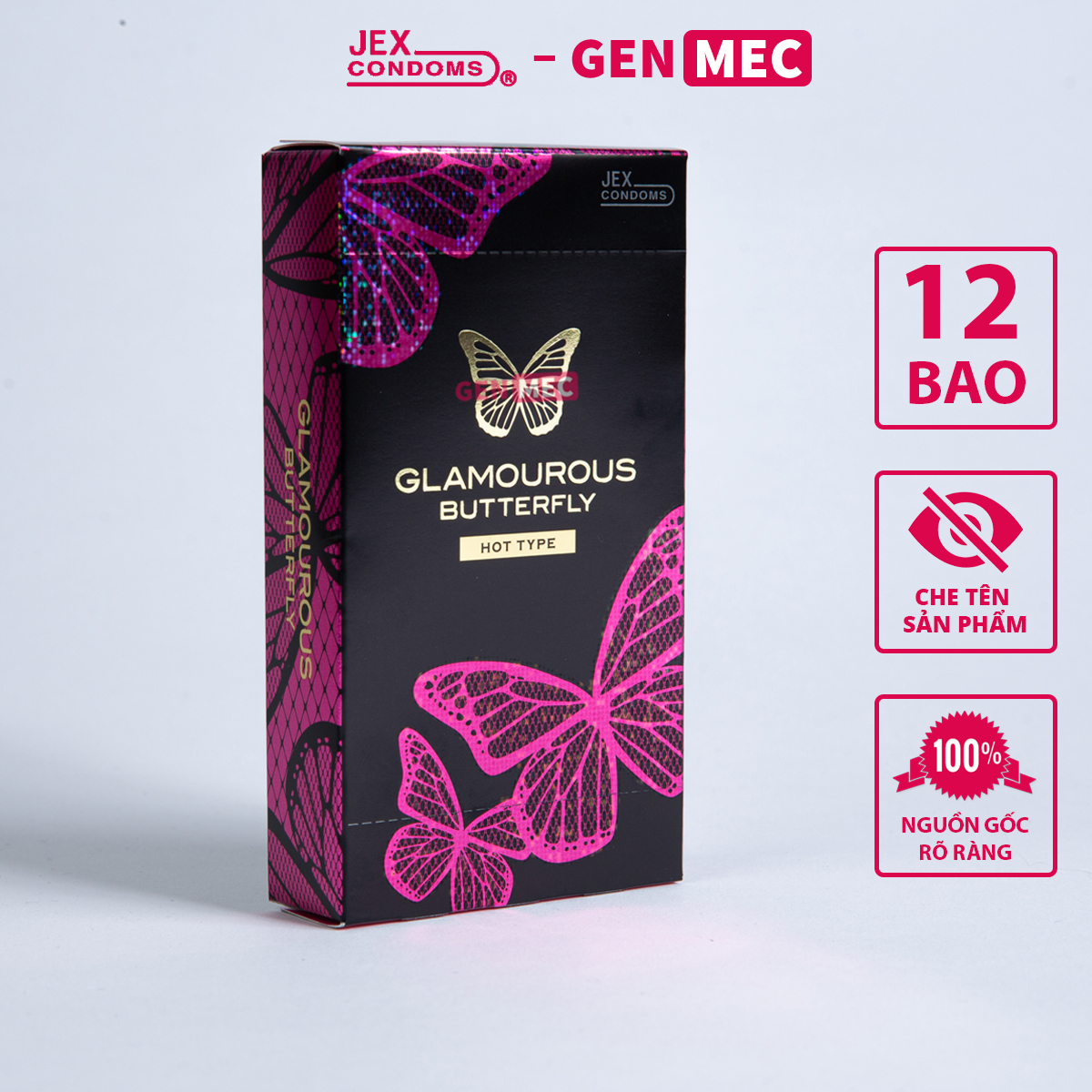 Bao Cao Su  Nhiều Gel Bôi Trơn - Siêu Khoái Cảm - BCS Jex Glamourous Butterfly Hot Type Hộp 12 Bao - Genmec