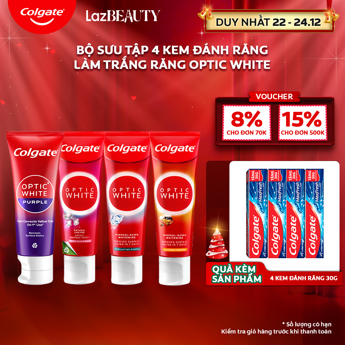 [Chỉ 22 - 24.12_Áp Voucher giảm thêm 8%]Bộ sưu tập 4 kem đánh răng Colgate trắng răng Optic White