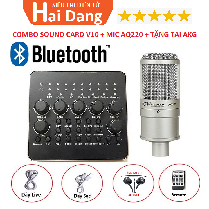 Combo Sound Card V10 Bluetooth Và Micro Thu Âm AQ 220 Tặng Tai Nghe AKG-S10 Bảo Hành 6 Tháng,  Bộ Hát Karaoke Livestream Sound Card V10 Mic AQ220