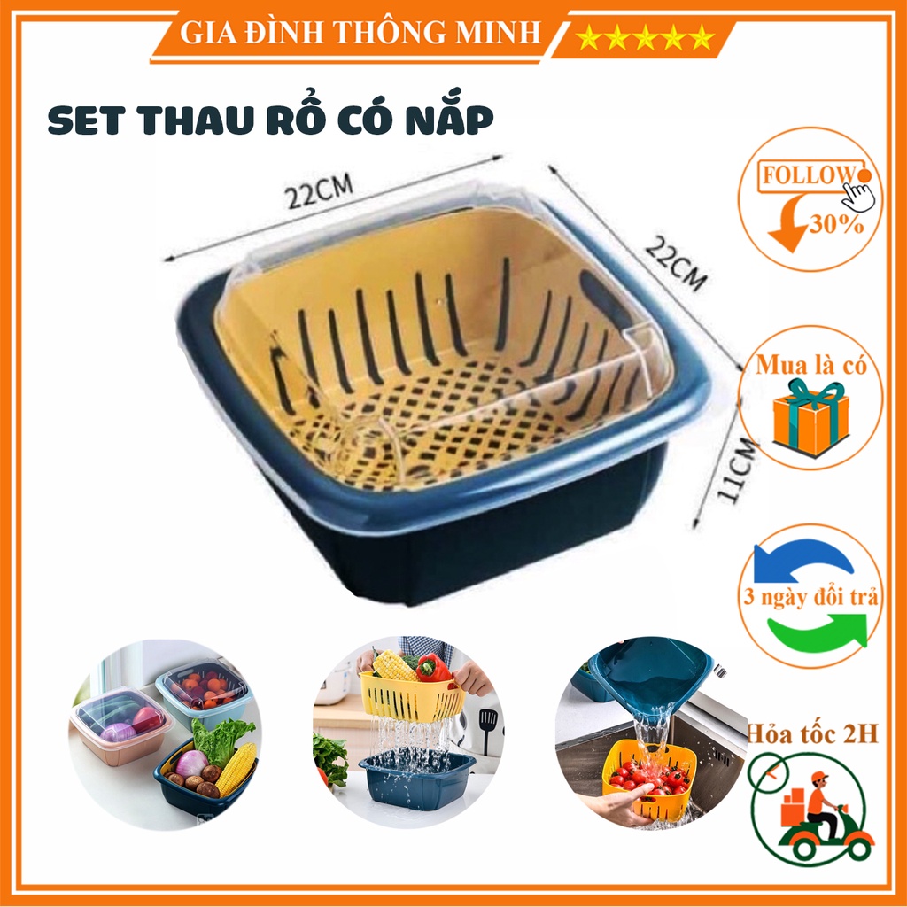 Combo Thau Rổ Nhựa Có Nắp Thích Hợp Bào Quản Thức Ăn, Bộ Chậu Rá Kèm Nắp Thông Minh Tiên Dụng