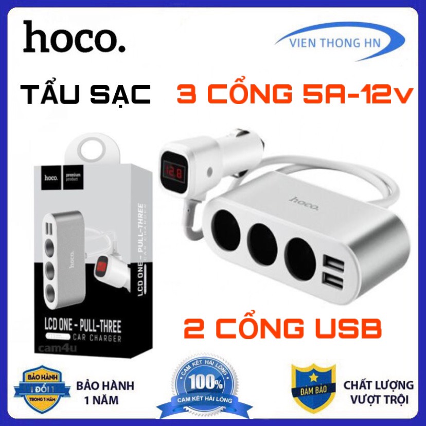 Tẩu sạc oto 5 cổng Hoco z13 có màn hình led hiển thị điện áp - cốc sạc ô tô củ sạc xe hơi - Vien Thong HN