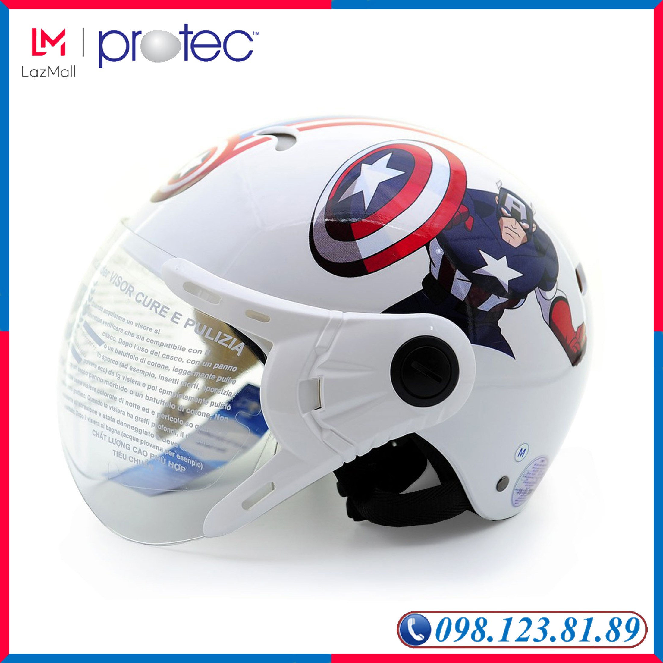 Mũ Bảo Hiểm Trẻ Em 1/2 Đầu Có Kính Protec KITTY, Chắc Chắn, An Toàn Cao, Họa Tiết Siêu Anh Hùng Đội Trưởng Mỹ Captain American - PROTEC HELMET
