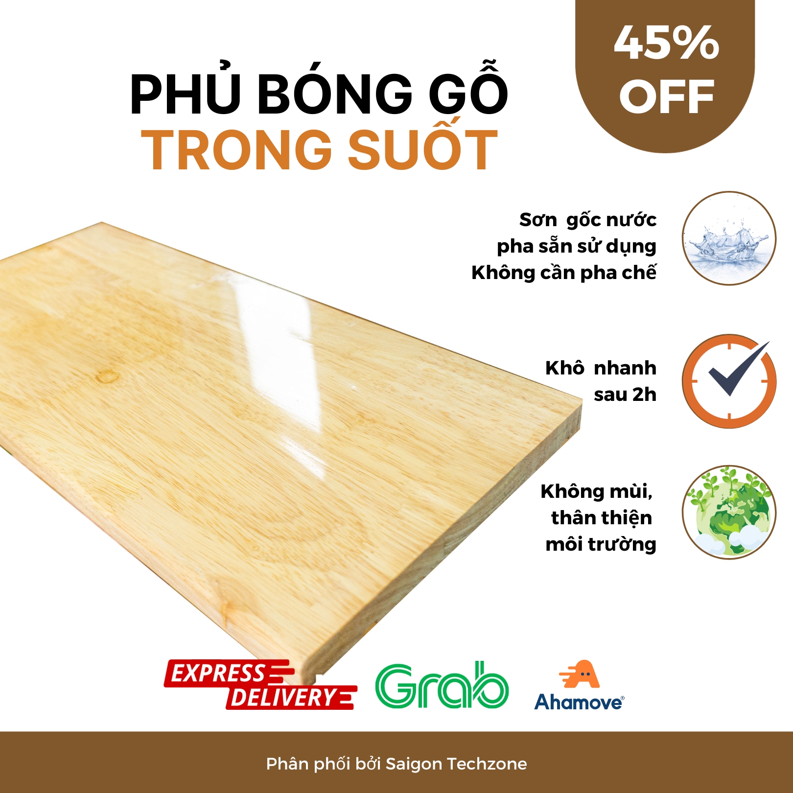 Sơn phủ bóng gỗ hệ nước trong suốt, không màu, độ bóng cao, không mùi, chống thấm, bảo vệ gỗ, pha sẵn