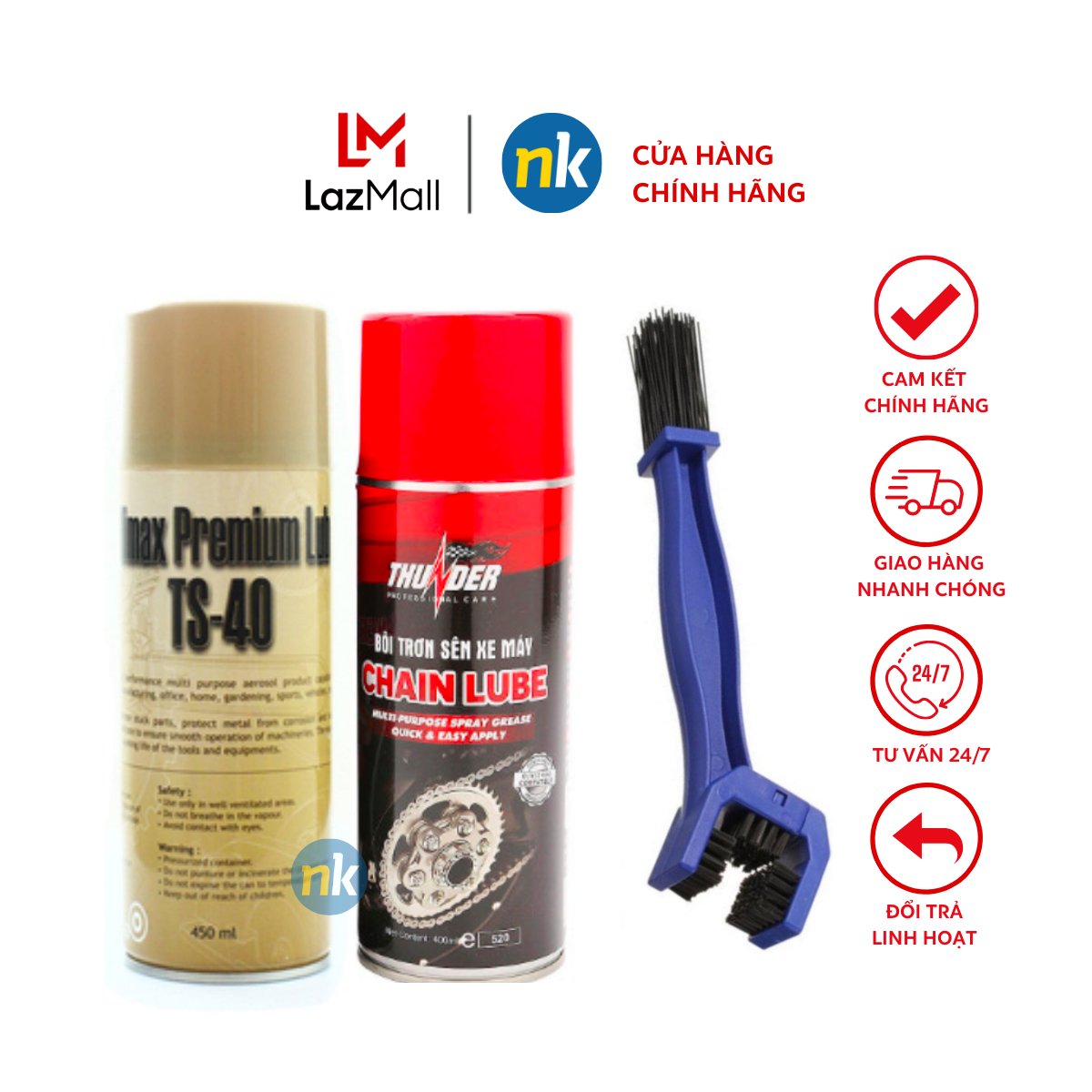 Bộ 3 sp Chai xịt vệ sinh sên xe máy TS-40 450ml, chai xịt dưỡng sên Thunder Chain Lube 400ml và bàn chải vệ sinh sên