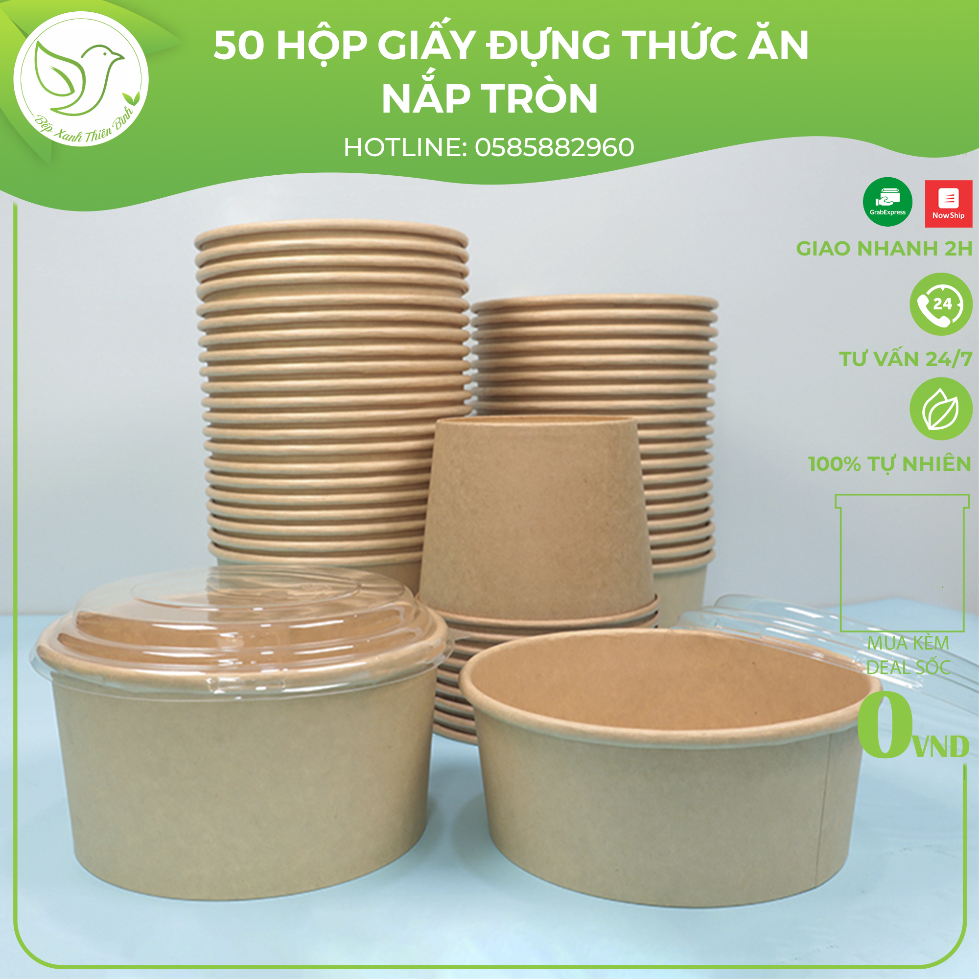 50 Tô giấy Kraft Salad nâu đựng thức ăn, salad, bánh bông lan có nắp PP, nắp pet chịu nhiệt nhiều kích cỡ