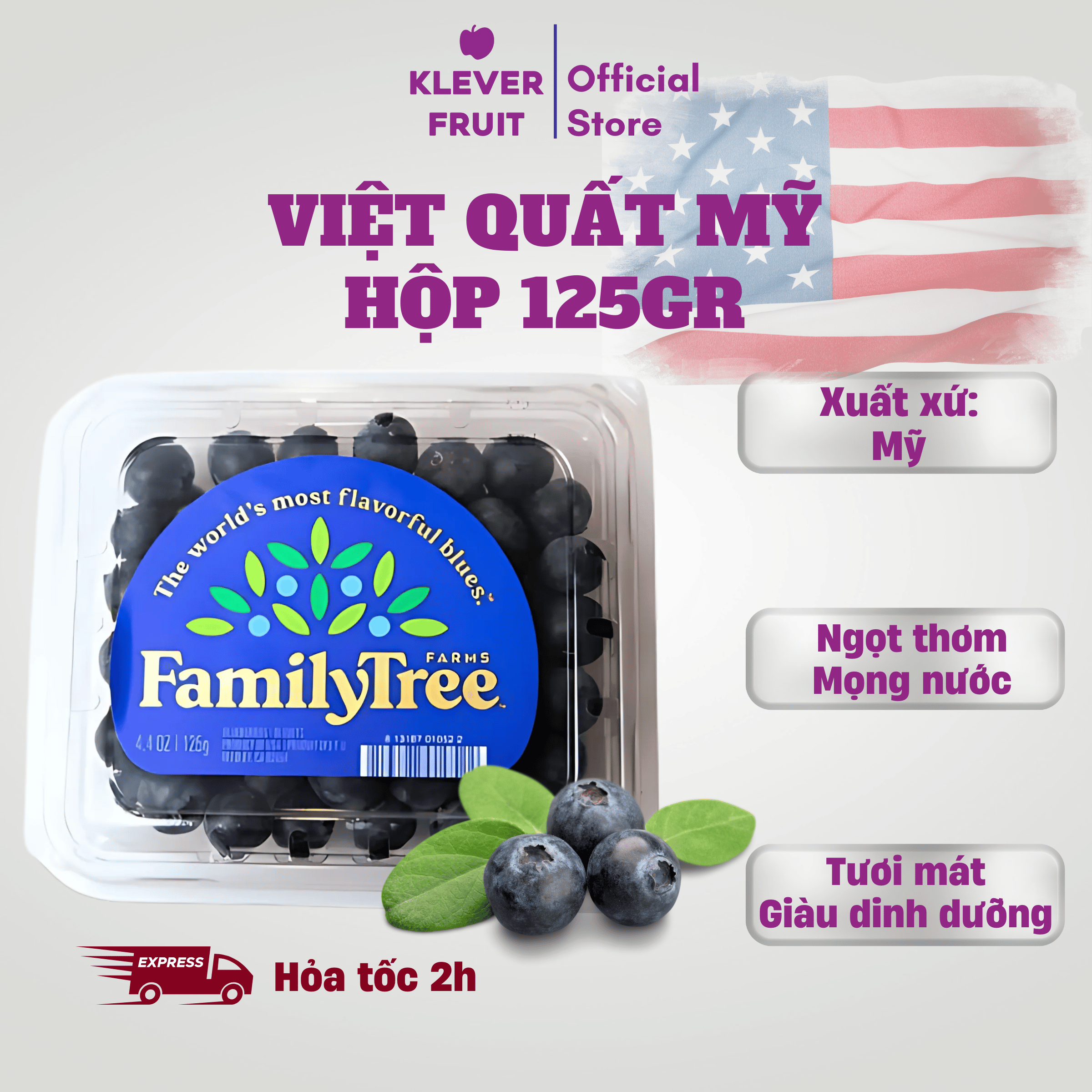 Việt Quất Mỹ FamilyTree - USA Blueberry - 1 hộp 125gr - Trái cây nhập khẩu cao cấp Klever Fruit