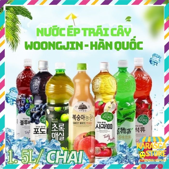 Nước trái cây woongjin hàn quốc chai 1500ml, nước việt quất,nước nho,nước lựu,nước nha đam,nước táo,nước mơ xanh và nước đào gaya