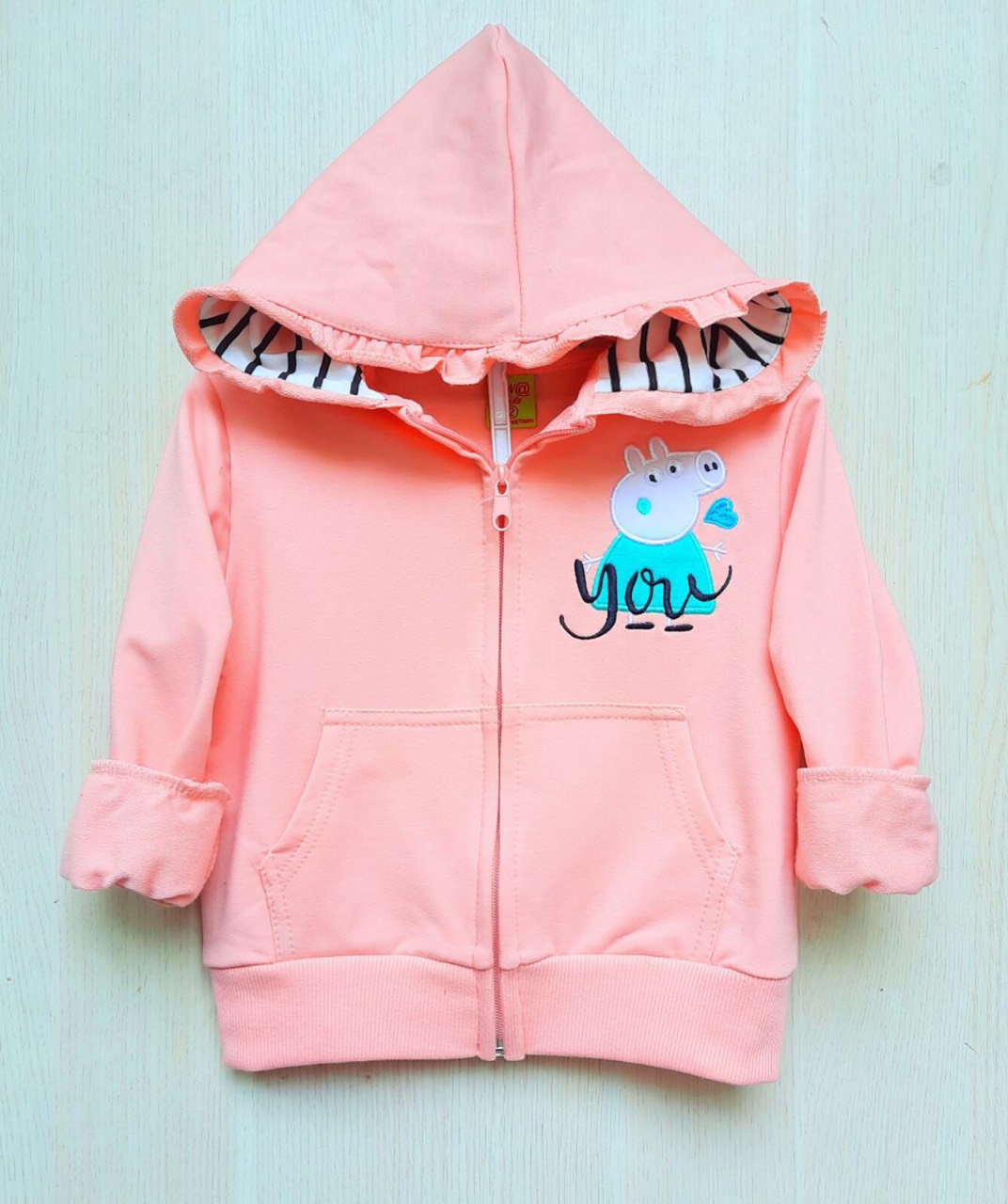 Áo khoác bé gái thêu đắp Heo Peppa, size 25-37kg.