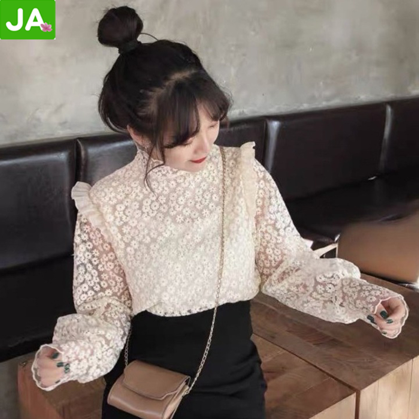 Aó sơ mi nữ cổ tròn ren hoa cúc 2 lớp, áo sơ mi công sở nữ, áo sơ mi kiểu nữ, áo sơ mi kiểu tay bồng, áo kiểu nữ ren hoa cách điệu JAMS90
