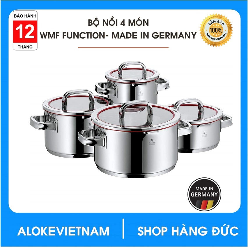 Bộ nồi WMF Function 4 chiếc - made in Germany - chất liệu thép không gỉ Cromargan sang trọng và đẳng cấp, vòng silicon chịu nhiệt trên nắp gia tăng khả năng chống trào, chất liệu thép không gỉ 18/10 cao cấp, sáng bóng