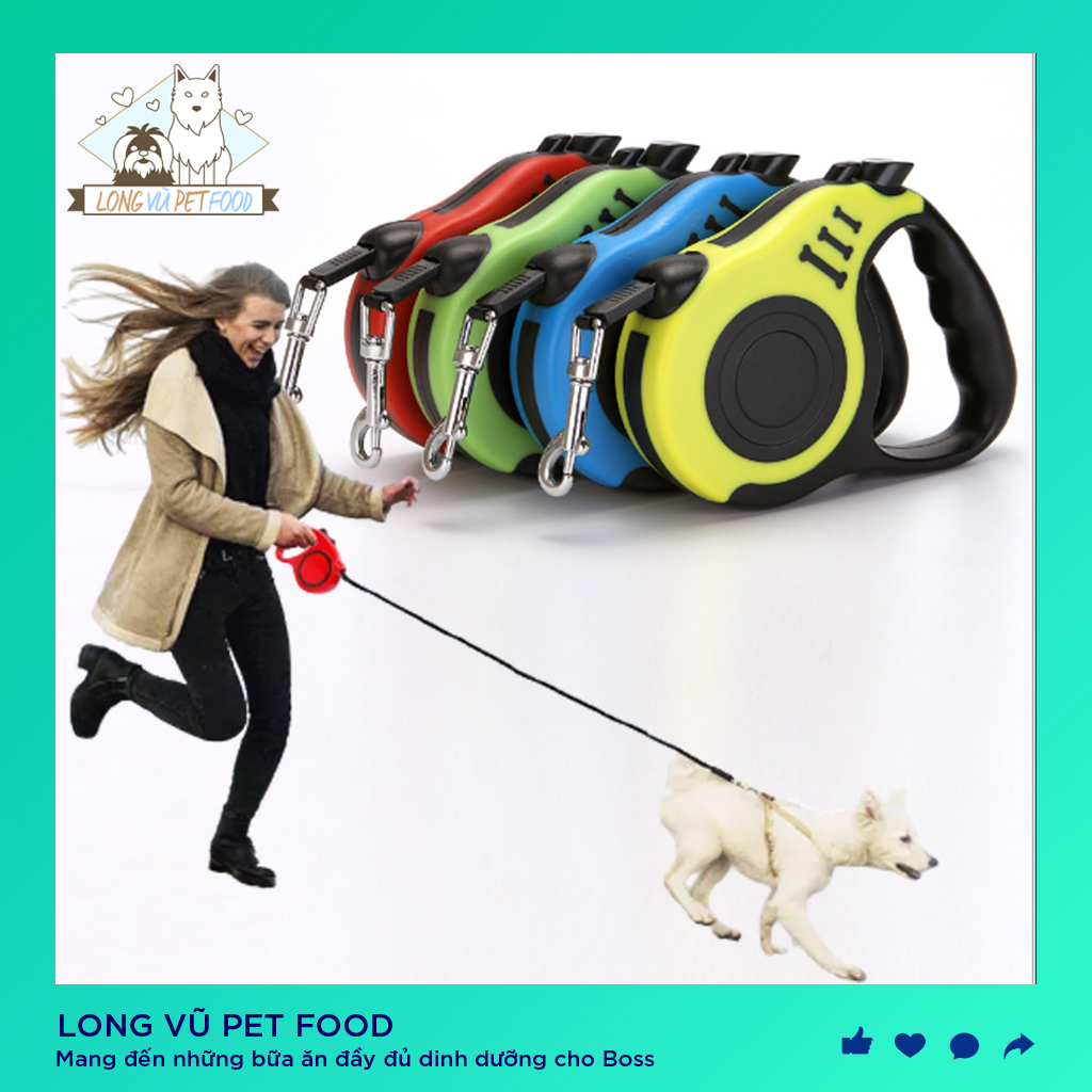 Dây dắt chó mèo cuốn tự động cuộn 3m/5m - dây xích, dây xích chó - Long Vũ Pet Food