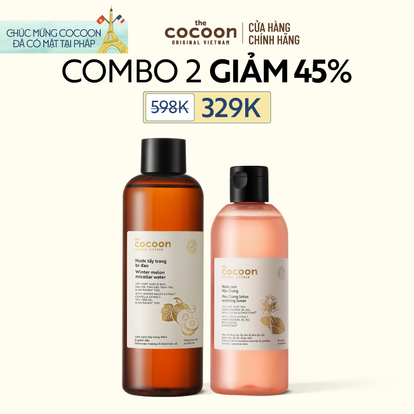 COMBO 1 Bigsize Nước tẩy trang bí đao 500ml +  Nước sen Hậu Giang (toner) Cocoon giúp phục hồi đa nhiệm cho da rất nhạy cảm 310ml