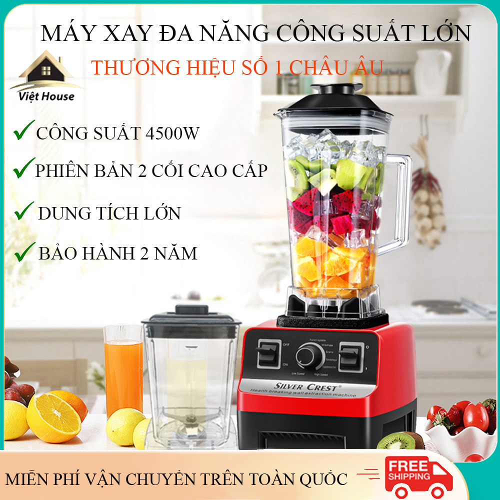 Máy xay sinh tố công nghiệp đa năng công suất 4500W thế hệ mới với động cơ cực khỏe xay sinh tố, xay thịt, xay thực phẩm cứng, xay đá bào, xay gia vị. Bảo hành 24 tháng lỗi đổi mới trong vòng 7 ngày đầu nhận sản phẩm.