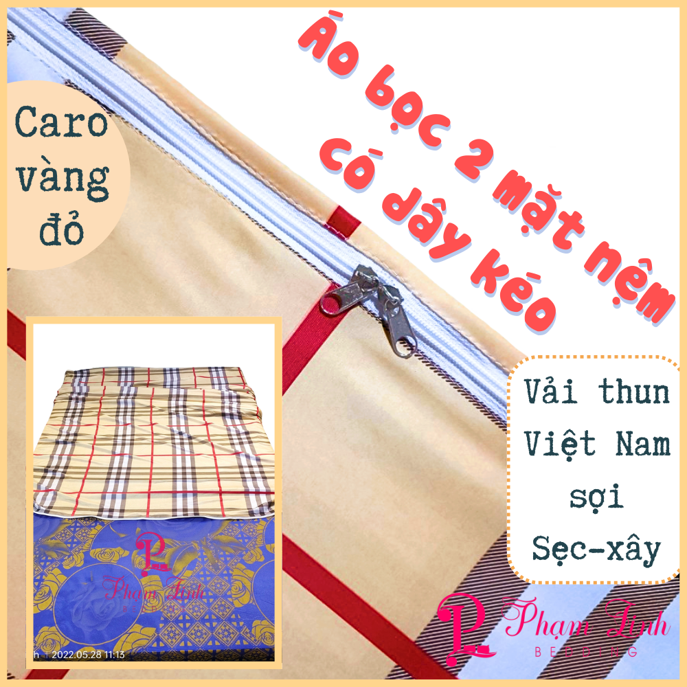 [Caro vàng đỏ] Áo bọc nệm 2 mặt có dây kéo full size vải thun lạnh Việt Nam sợi Sẹc-xây mẫu sọc tấm bảo vệ nệm topper có size lớn