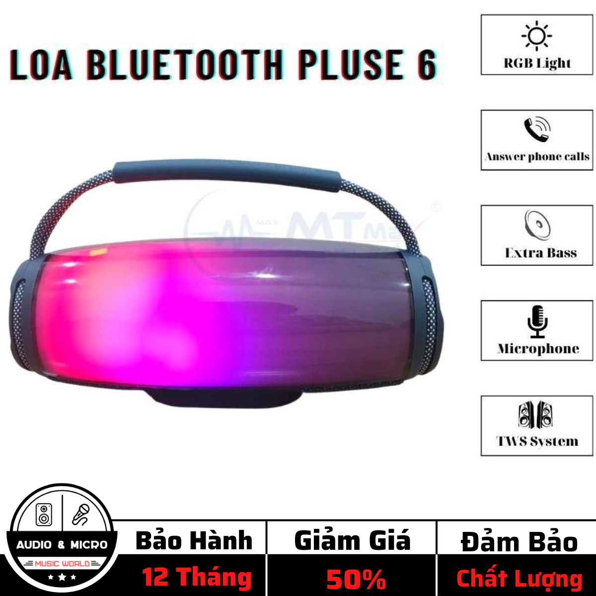 Loa Bluetooth Pluse 6 - Loa Bluetooth Không dây Pluse 6, Loa Bluetooth Pluse 6 mới nhất, Âm thanh sống động công suất lớn, Đèn Led nhiều màu sắc có quai xách nghe nhạc cực hay hàng mới 100% - Bảo Hành 12 Tháng.