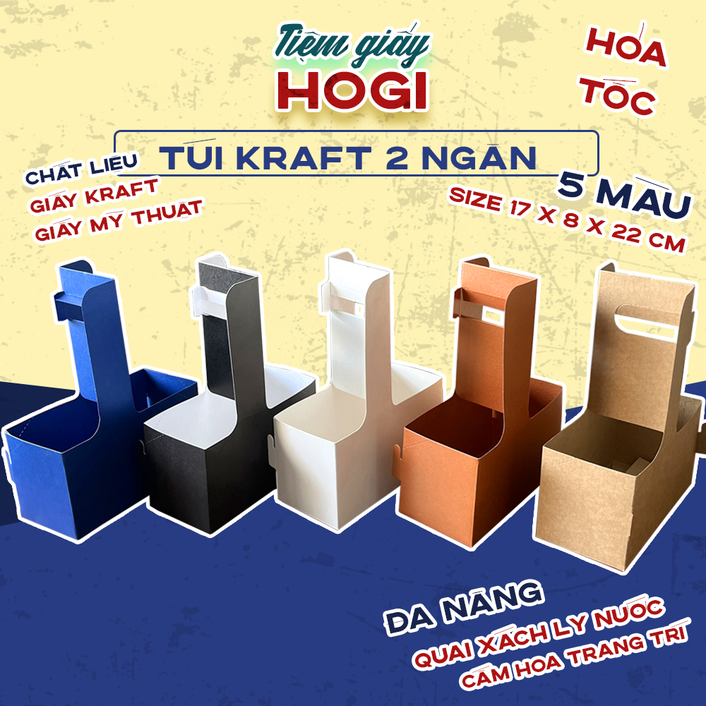Túi giấy kraft 2 ngăn HOGI, khay giấy kraft đựng ly nước và hoa 2 ngăn take away siêu tiện lợi, đa năng - KG01