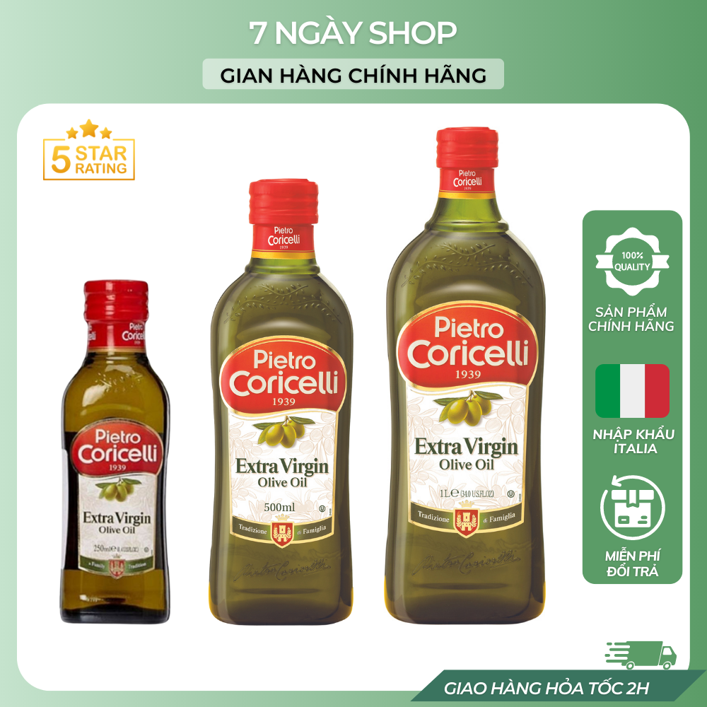 Dầu oliu extra virgin pietro coricelli 7ngayshop 250ml nhập khẩu ý date 2024, dầu olive nguyên chất cao cấp eat clean