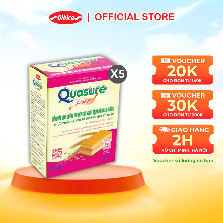 Combo 5 Hộp Bánh Bông Lan Quasure Light Dâu Bibica 126g - Thực phẩm dành cho người ăn kiêng, tiểu đường