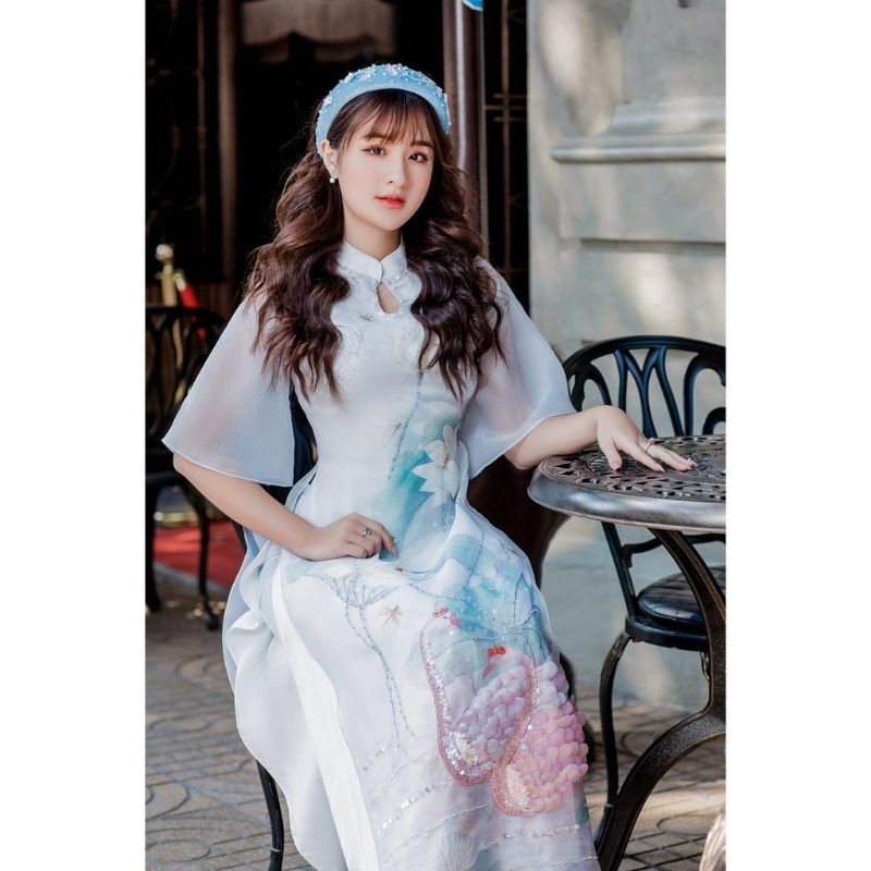 ✠❡◐ Áo dài cách tân 4 tà tơ thiên nga sen kết đính cao cấp màu xanh áo dài truyền thống thiết kế đẹp VINNA