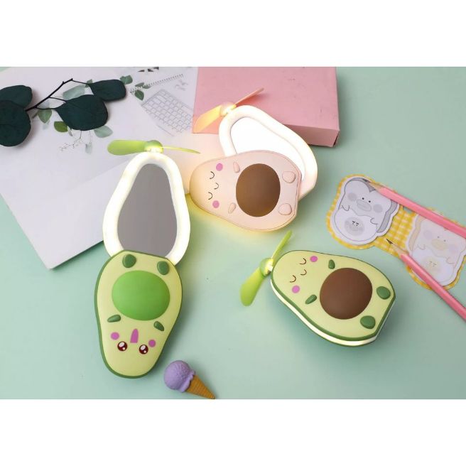 Quạt mini cầm tay 3 in 1 hình quả bơ ( gương+ đèn led + quạt)