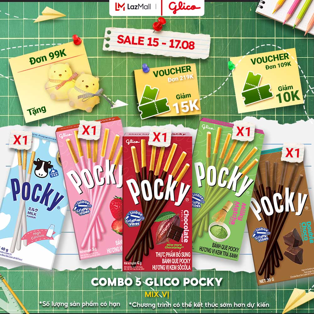 Combo 5 Hộp Mix Vị Bánh Que Phủ Kem Glico Pocky (00646 - 1 Socola _1 Dâu_1 Sữa _1 Trà Xanh_1 Double Choco)