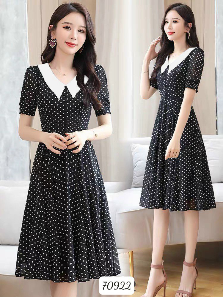 Đầm cổ sen lụa chấm biHN#damnu 40-71kg