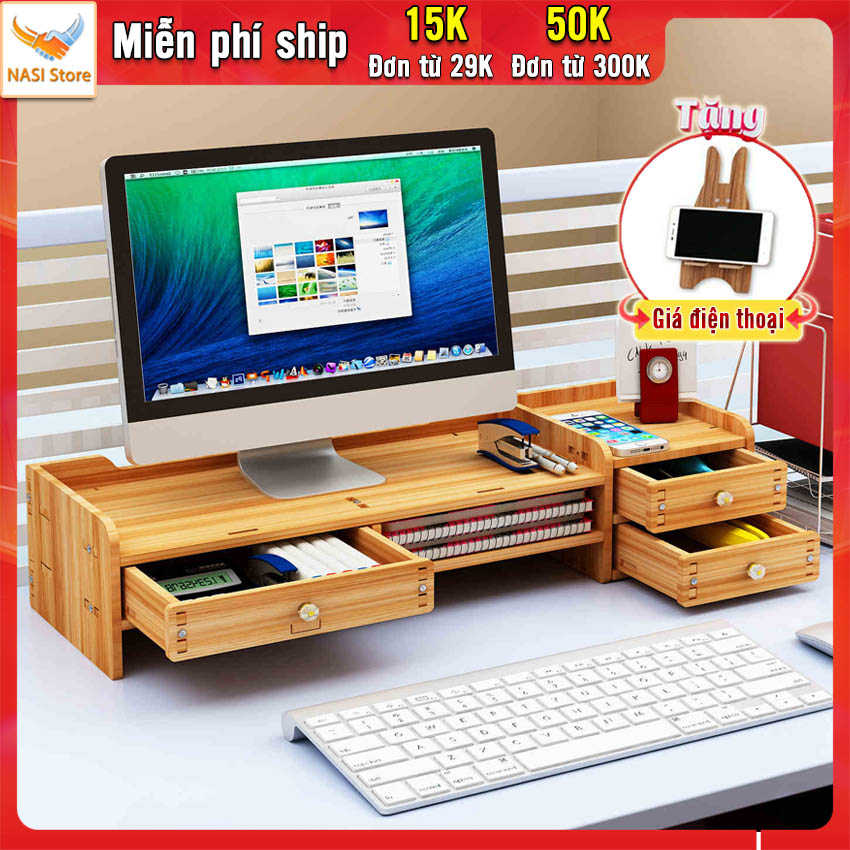 Kệ để máy tính đa năng KM02 tặng kèm giá đỡ điện thoại kệ màn hình máy tính bằng gỗ cứng chắc phù hợp với mọi màn hình kệ máy tính để bàn có hộc cất bàn phím ngăn kéo hộc để tài liệu - NASI Store