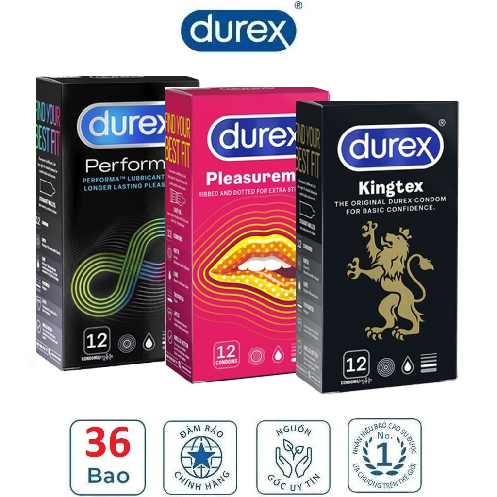 [HCM]Bộ 3 hộp Bao Cao Su Durex Pleasuremax 12s - Performa 12s - Kingtex 12s - gân gai  size nhỏ  kéo dài thời gian cực bền