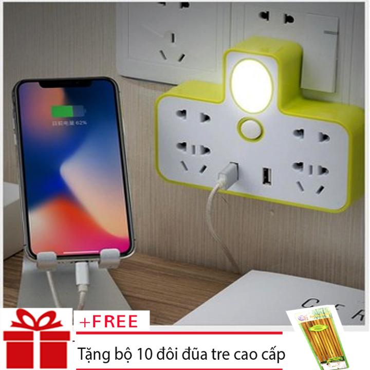 Ổ Cắm Điện - Ổ Điện Đa Năng Loại Xịn Có Cổng Gắn USB Sạc Điện Thoại Kiêm Đèn Ngủ, Ổ cắm điện kiêm đèn ngủ 2 cổng USB Jia Zhong Mu + Tặng bộ 10 đôi đũa tre đẹp