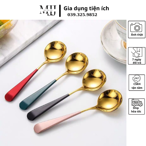Thìa/muỗng ăn cơm bằng inox cao cấp mạ vàng cán dài size vừa