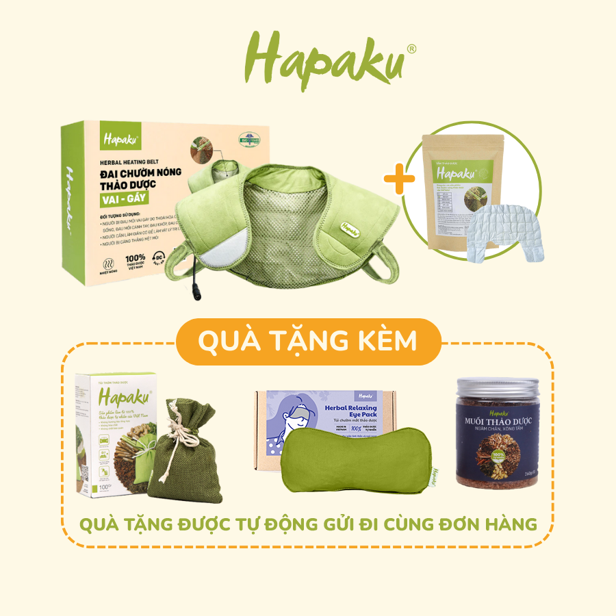 Combo Đai Chườm Thảo Dược Vai Gáy Cổ Dùng Điện Hapaku Tặng Tấm Thảo Dược Thay Thế Vai Gáy Giảm Đau Khớp Vai, Muối Ngâm Châm 260g, Túi Thơm Thảo Dược MUA 1 TẶNG 3