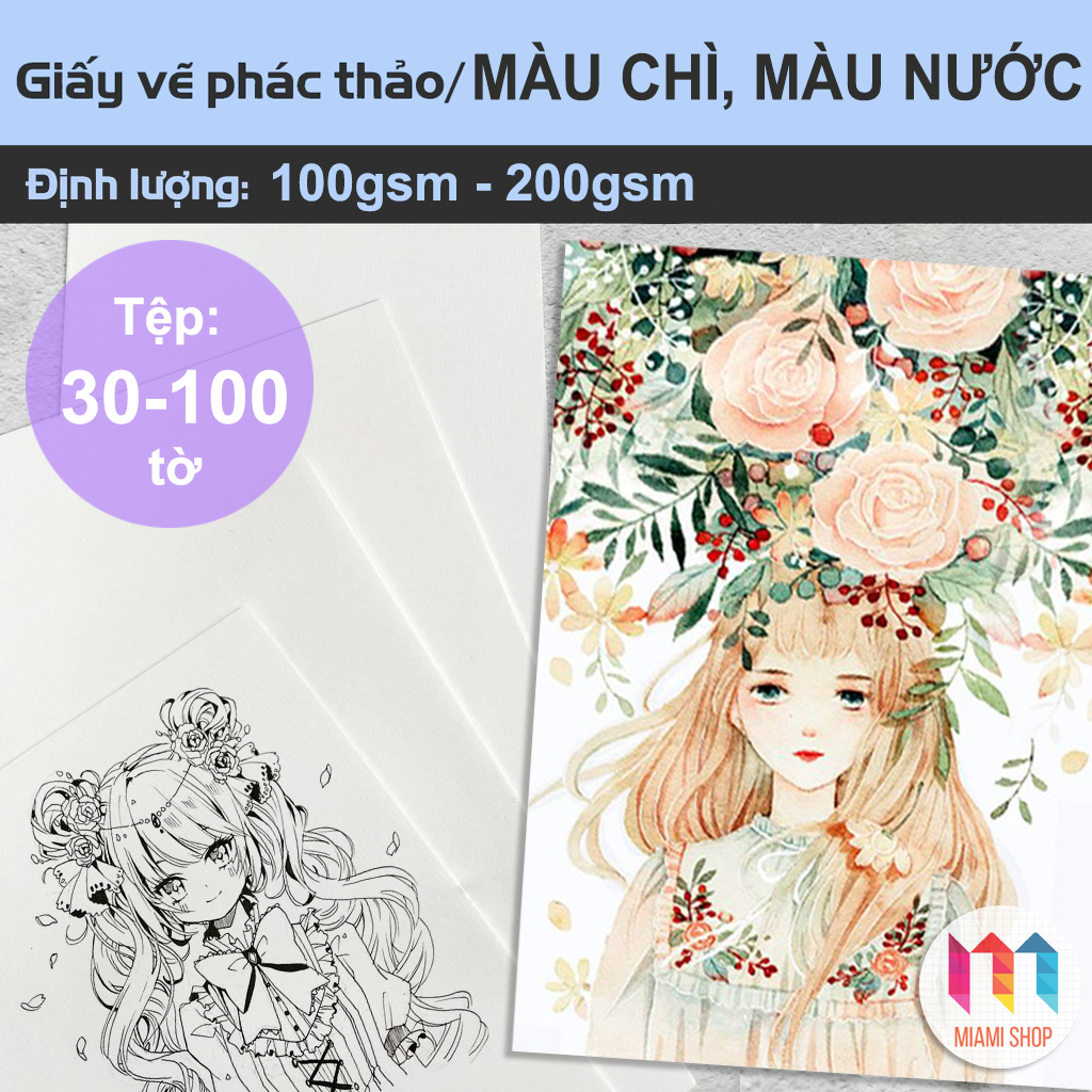 Giấy vẽ màu nước, màu chì khổ a4/ bộ 30-100 tờ, định lượng giấy 100- 200gsm