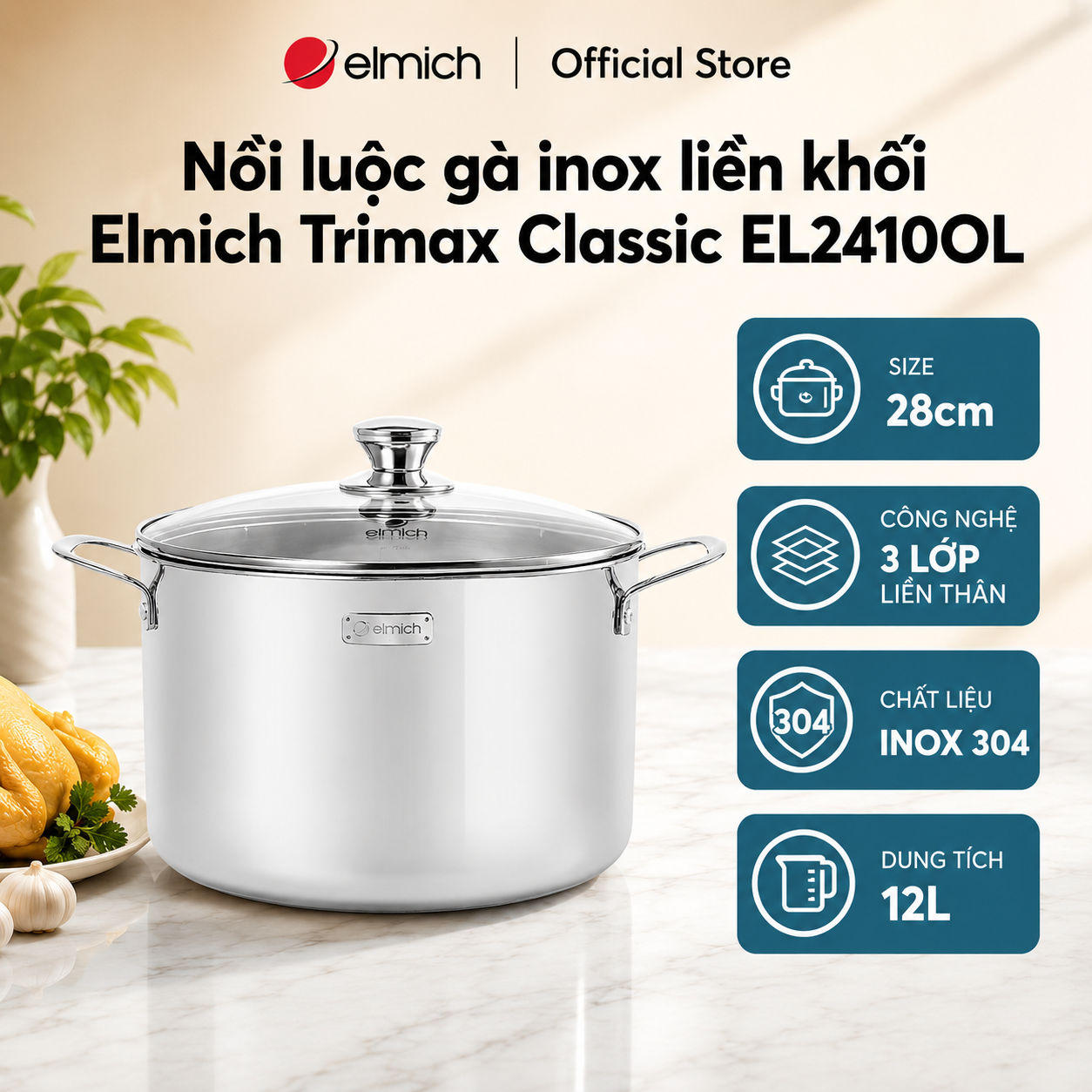 (Chỉ 25-29.07)Nồi luộc gà inox 3 lớp đáy liền Elmich Trimax Classic 2410OL size 28cm