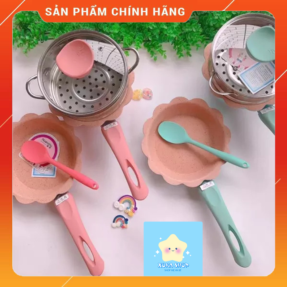 Bộ nồi, chảo, xửng hấp men đá hình hoa chế biến đồ ăn dặm cho bé