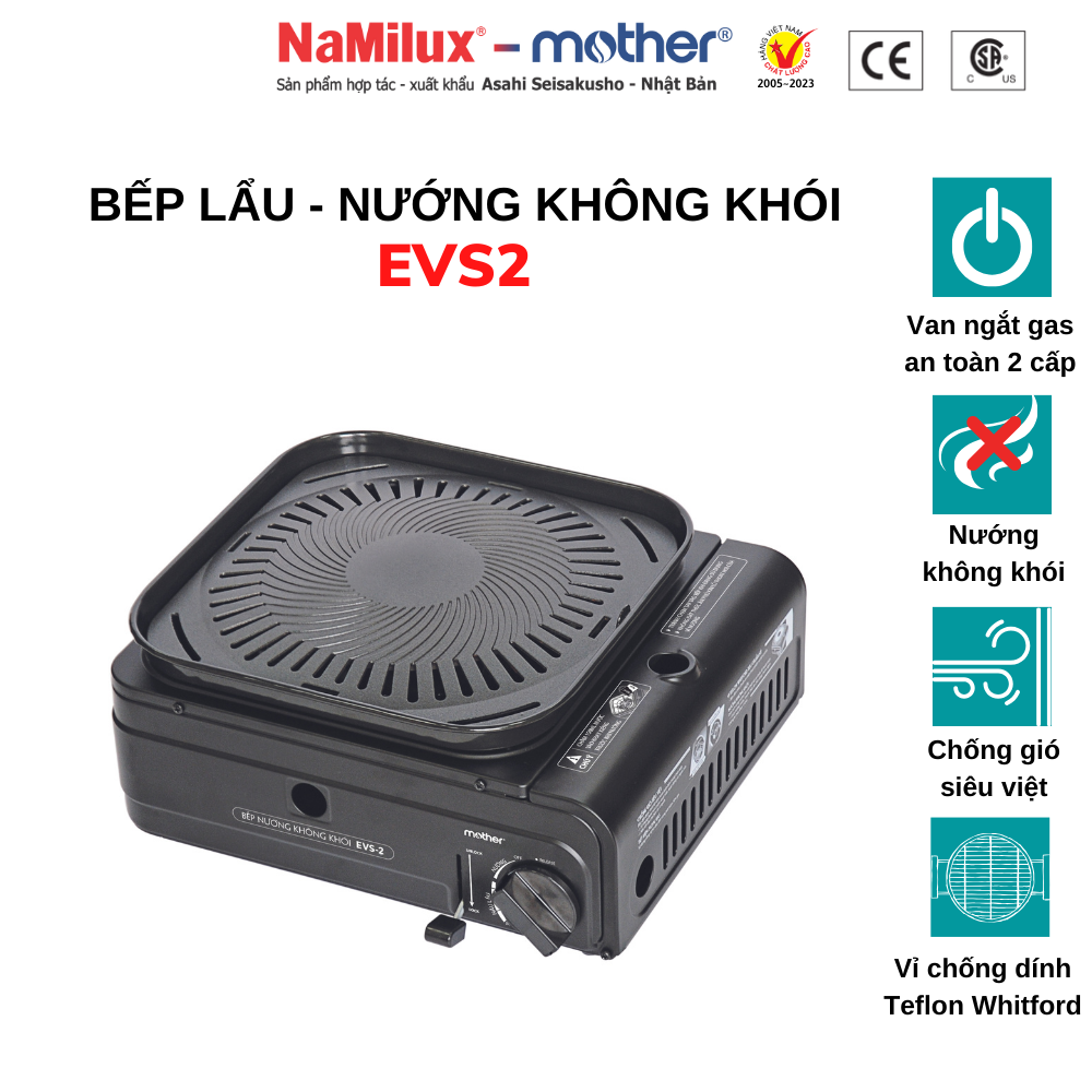 Bếp lẩu - nướng không khói evs2│chống gió siêu việt│vỉ chống dính teflon whitford│hàng chính hãng