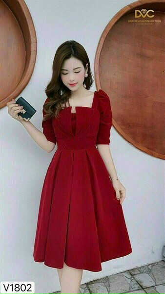 Váy đầm nữ dáng xoè tay lỡ cổ vuông xếp ly ngực cực xinh