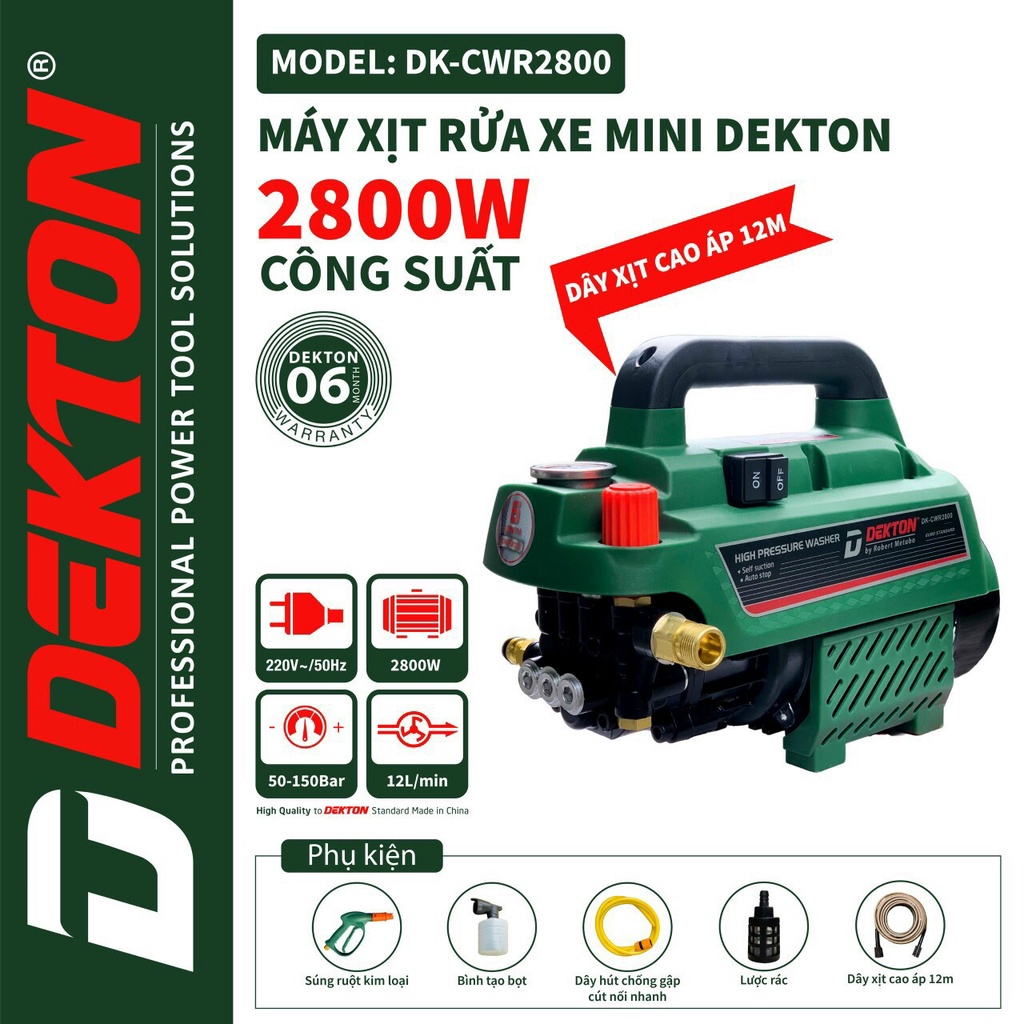 Máy xịt rửa xe chỉnh áp lực phun 2800w Dekton DK-CWR2800 bảo hành chính hãng tặng kèm bình tạo bọt tuyết bảo hành 12 tháng