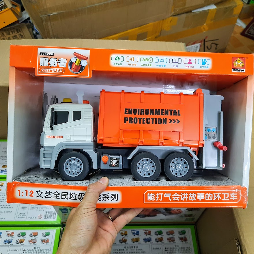 Mô hình xe chở rác cỡ lớn đồ chơi trẻ em xe ô tô có tay quay nâng thùng rác