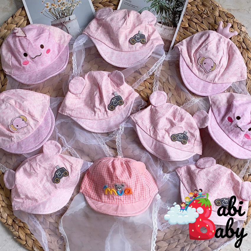 Mũ cho bé sơ sinh đẹp có khăn voan che mặt mũ nón chống dịch chống bụi cho bé đi tiêm phòng an toàn